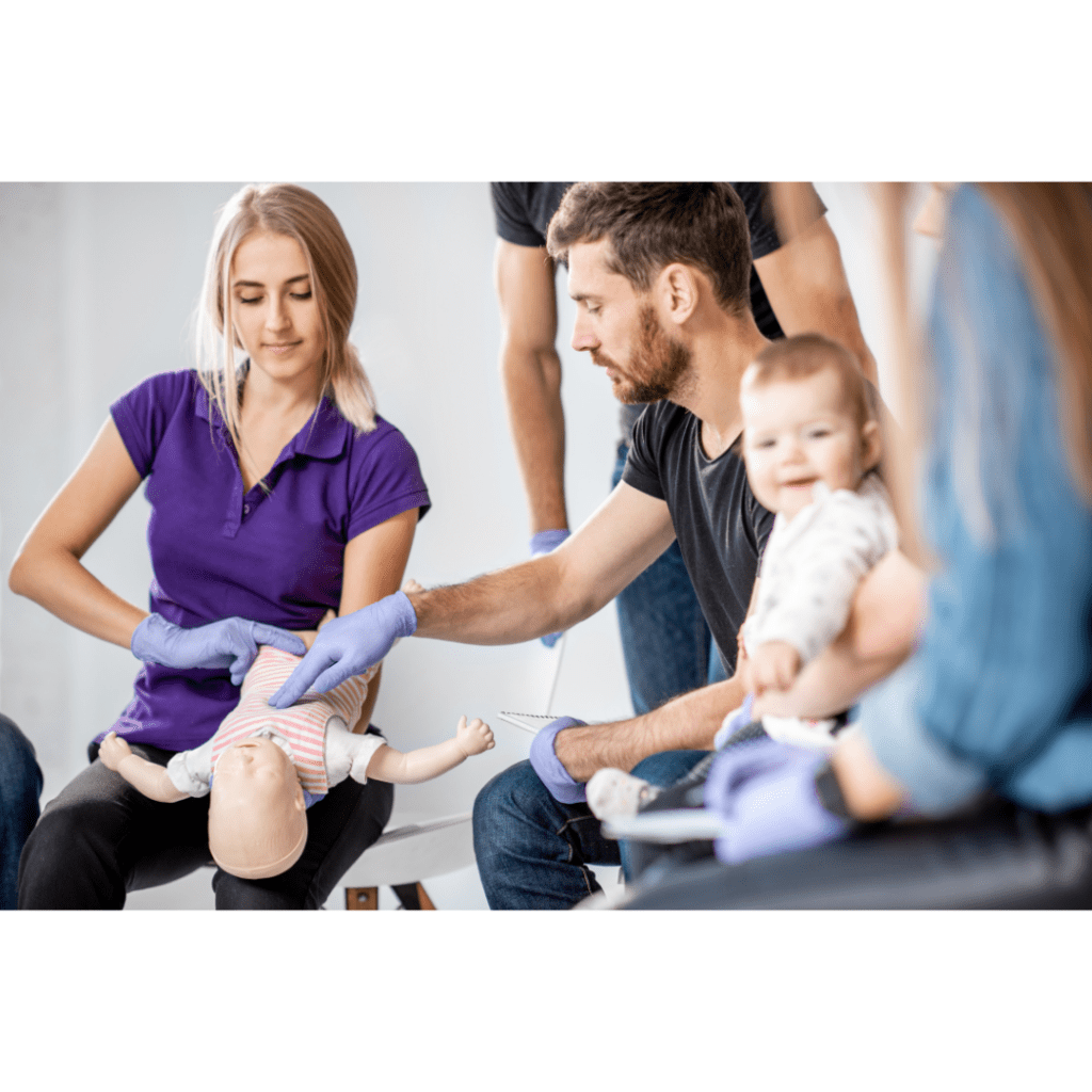 Nurse Practicitioner at Butterfly Kisses Ultrasound Imaging Center along with JAMM CPR Training showing new father with baby home to give CPR to baby