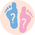 blue and pink baby feet, with question marks for baby reveal